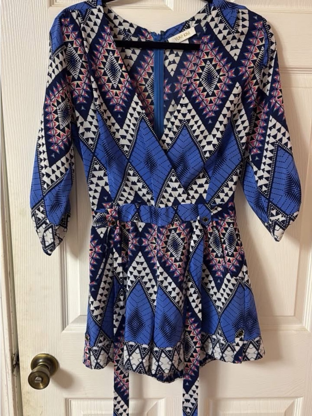 Yumi Kim Navy and White Geometric Print Wrap Dress with Pink Accents